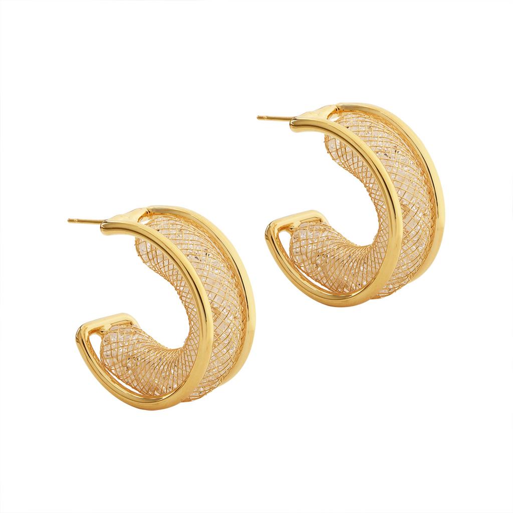 2026 Creative Hollow Mesh Tube Crystal C-Shape Stud Earrings Niche Design Exaggerated Gold Hoop Earrings for Women