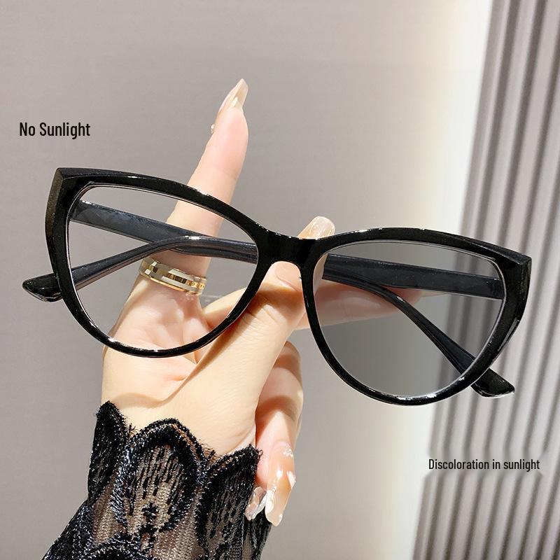 Color-Changing Cat-Eye Glasses: Light-Sensitive, Anti-Blue Light, Suitable for Square & Round Faces, Large Frame Myopia Glasses