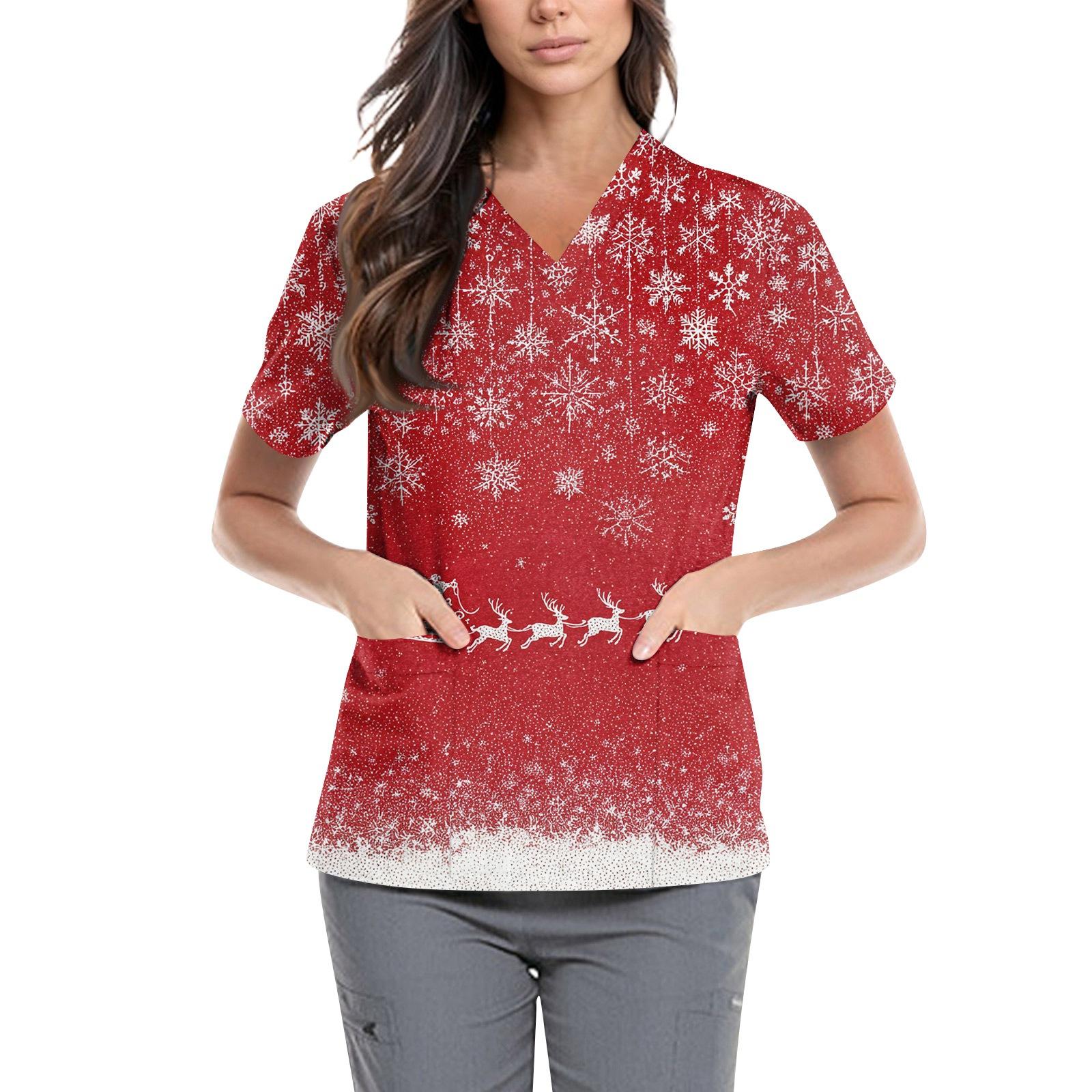 

Женская симпатичная принтованная рабочая одежда с V-образным вырезом, двухслойными карманами, базовым коротким рукавом, пуловером ко Дню святого Валентина M