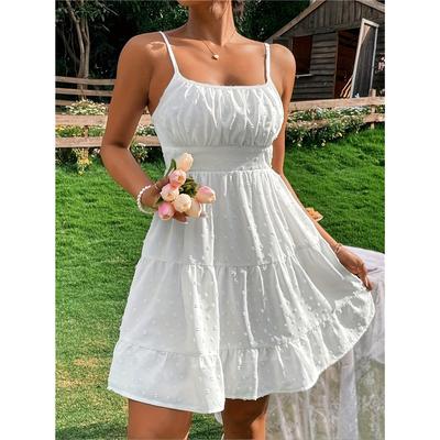Vestido Feminino de Verão Novo de Bolinhas com Suspensório na Cintura Solto Simples Casual Cor Sólida Saia