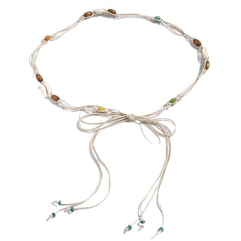 Bohemian Belt Ethnic Style Belt Shell Belt Wooden Beads Women's Thin Belt Leisure Vacation Style Waist Rope