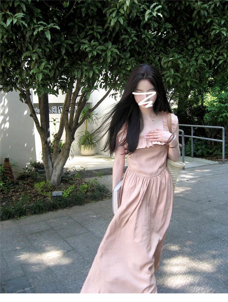 2025 French-Style Ruffle Square Neck Spaghetti Strap Summer Dress - Women's Elegant Vacation Wear