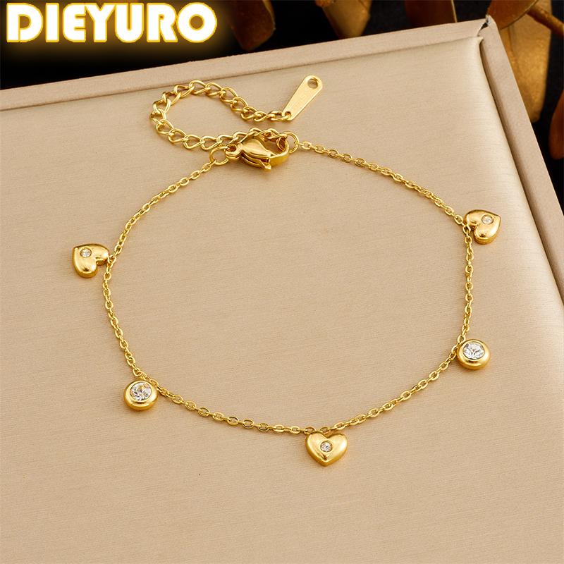 DIEYURO 316L Stainless Steel Golden Simple Love Inlaid Round Zircon Bracelet Lady New Fashion Classic Wrist Chain Jewelry Gift