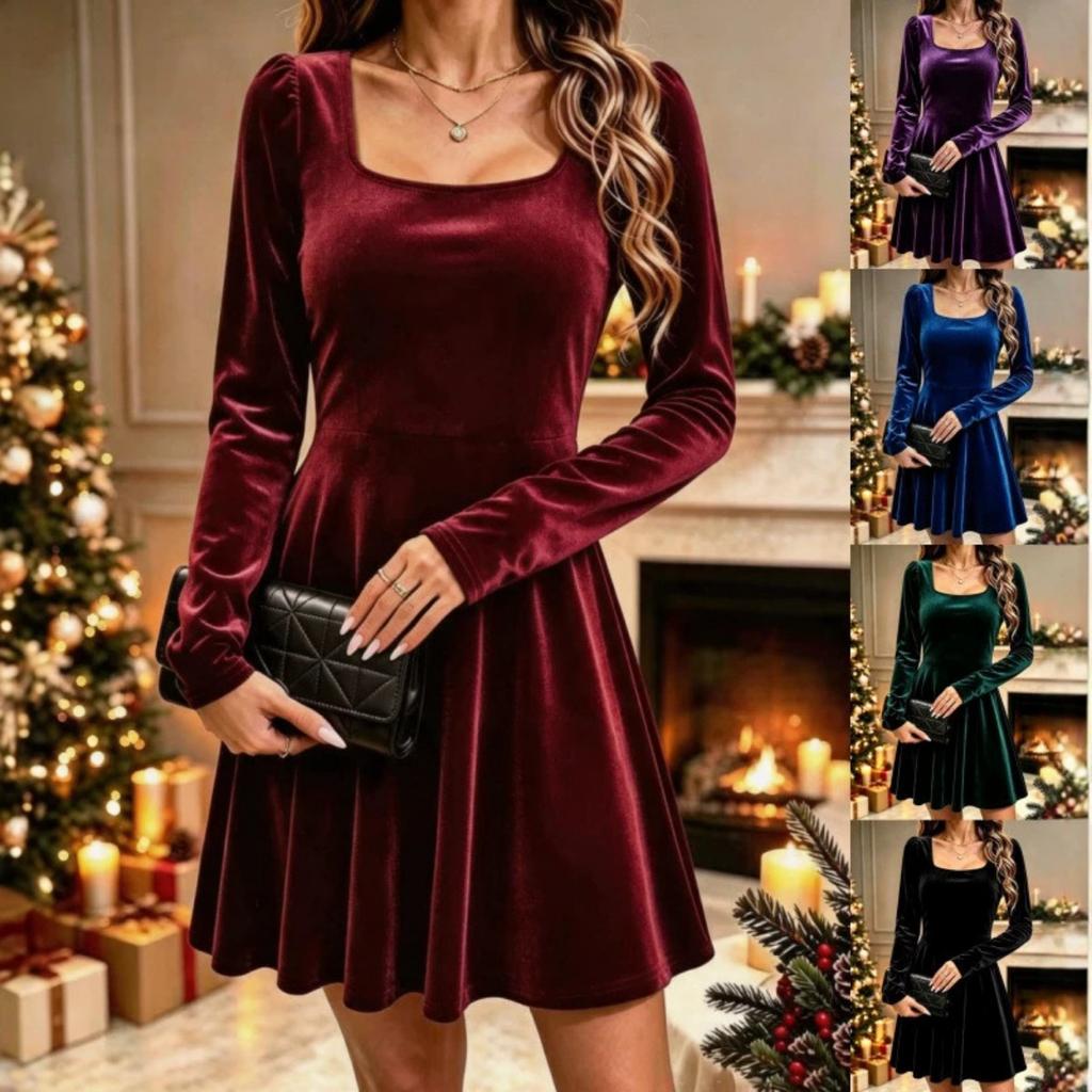 Neues weihnachtliches Samtkleid Damen Elegantes Langarm-Partykleid für westliche Frauen