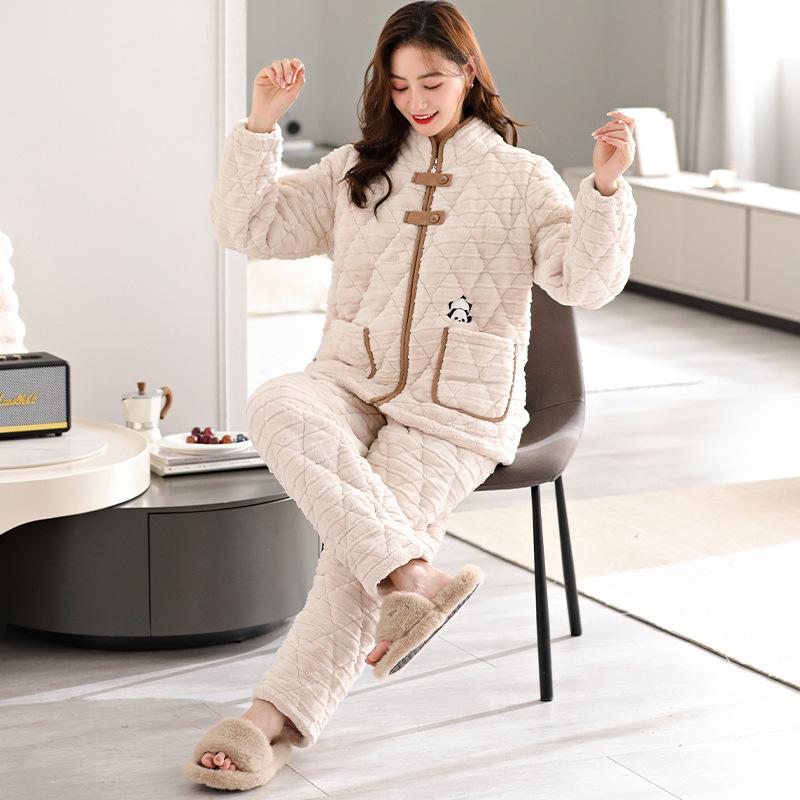 1011 New Coral Fleece Pajamas Women's Winter Three-layer Cotton-padded Fleece Thickened Autumn and Winter Zipper Loungewear