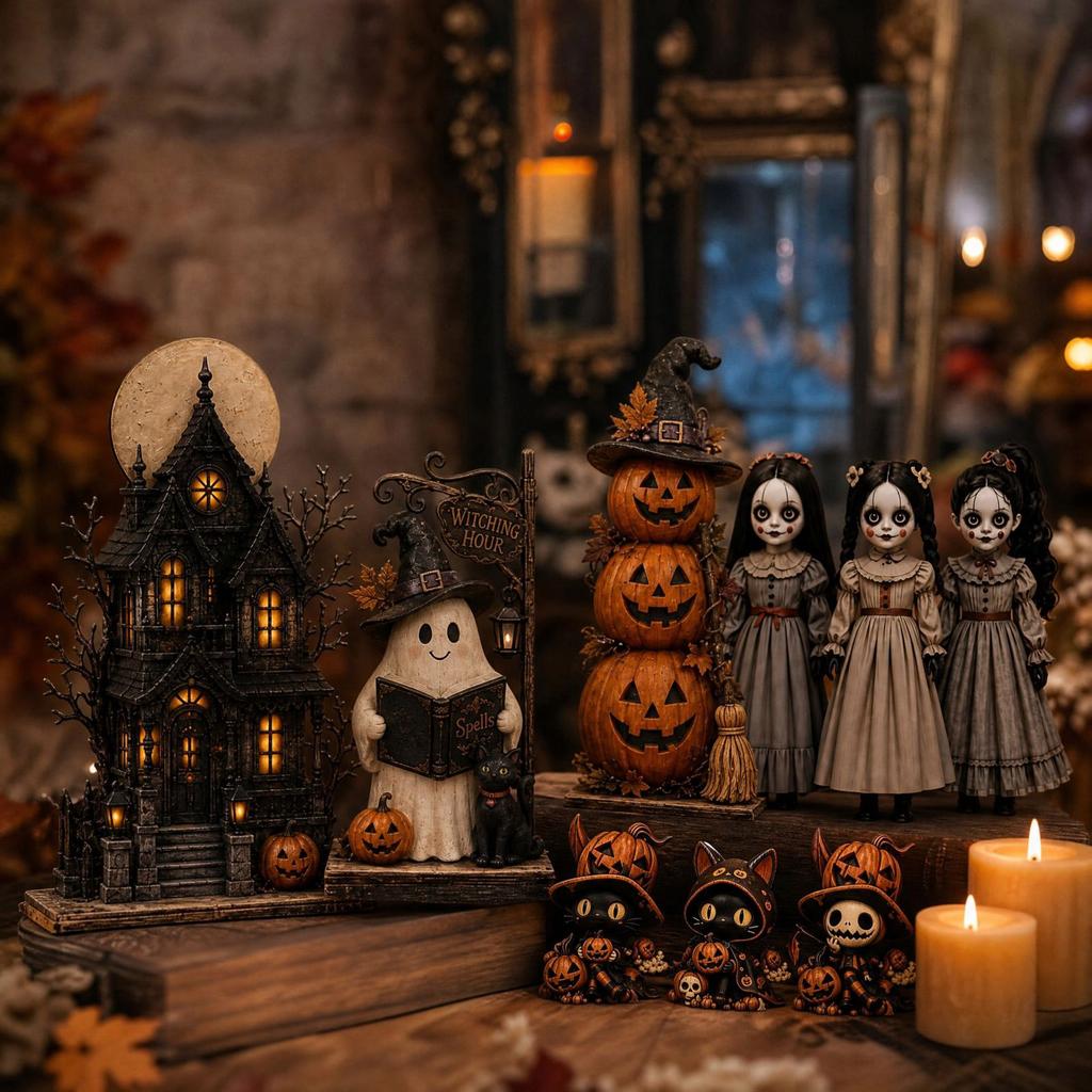Vintage Holzhexenfiguren Set von 3, Halloween Hexenpuppen Dekoration für Tischplatte Regal Kaminsims Display