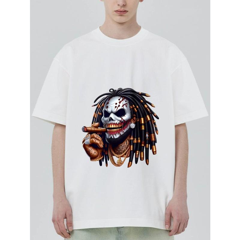 Black T Shirt with Skull and Dreadlocks Print for Casual Wear