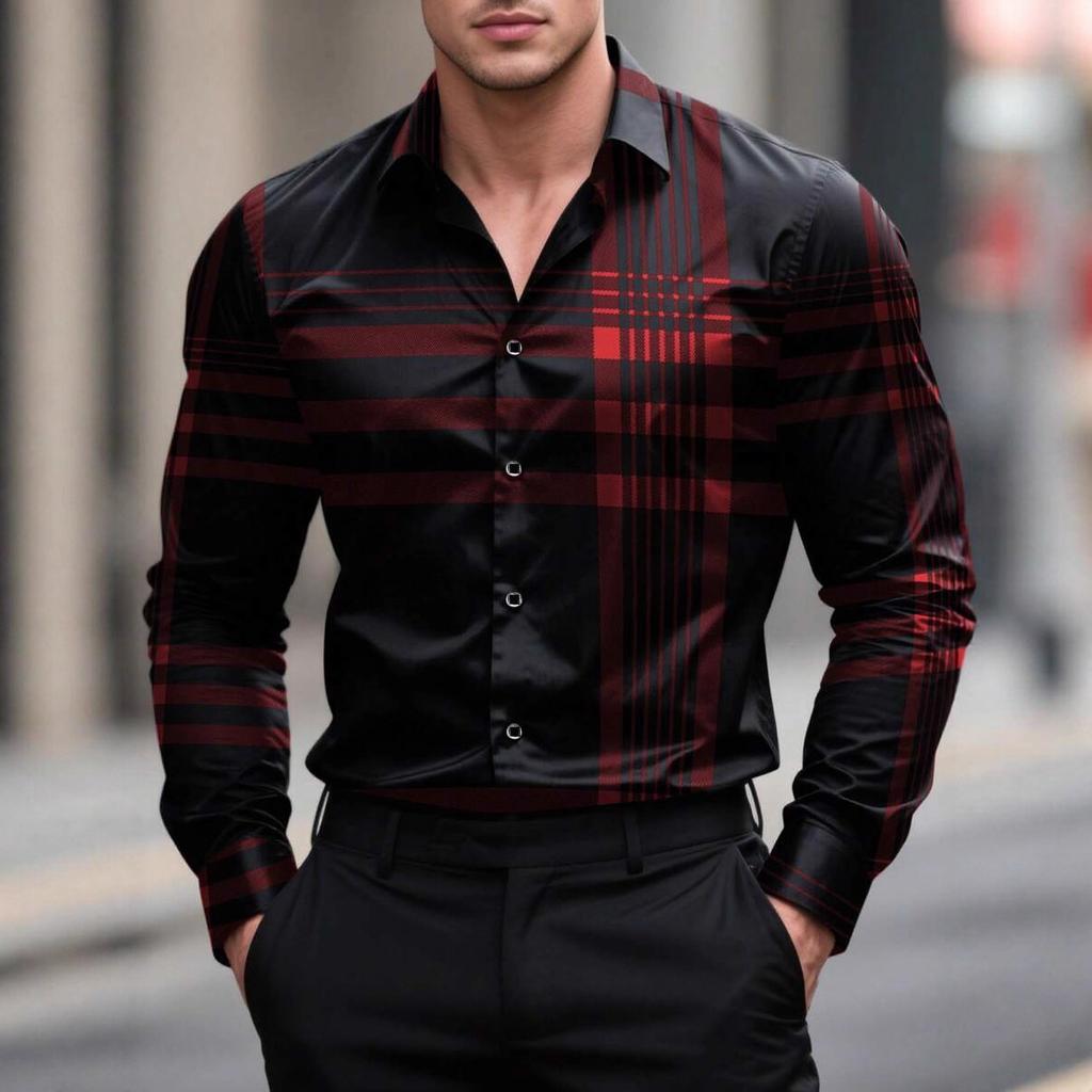 Men Lapel Long Sleeve Shirt Contrast Plaid Check Print Single Breasted Button Slim Business Casual Dress Blouse