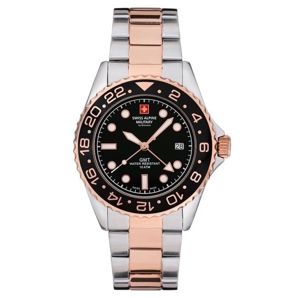

Мужские часы Swiss Alpine Military Master Diver GMT Two Tone из нержавеющей стали с черным циферблатом, кварцевые 7052.1157 100М чёрный