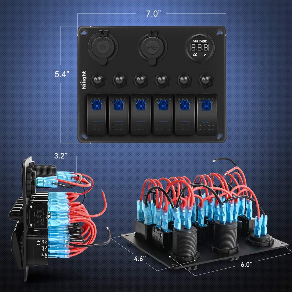 6 Gang ON Off Rocker Switch Panel 12V Voltmeter Dual USB Charger 3.0 Cigar Lighter For RV Truck Boat