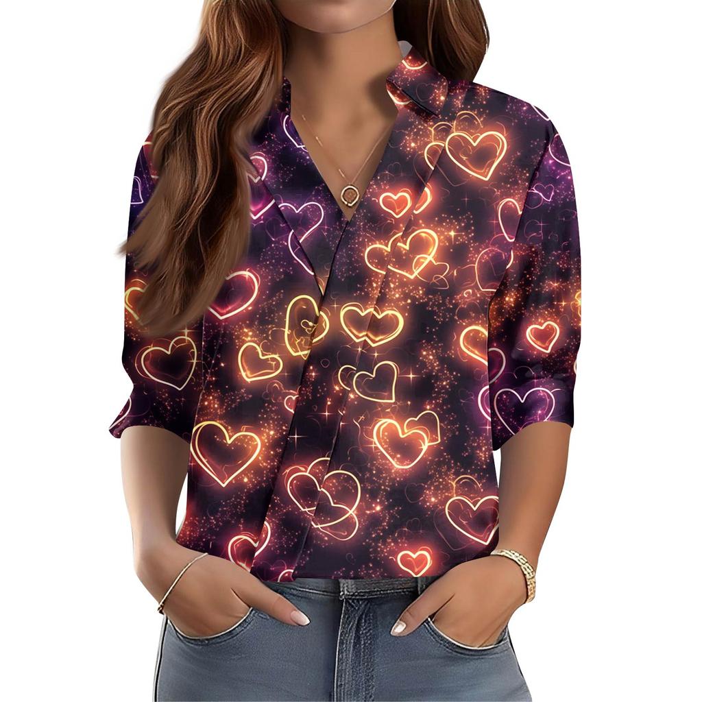 Women's 3/4-Sleeve V-Neck Shirt Printed Workwear Casual Regular Shirt Collar Top
