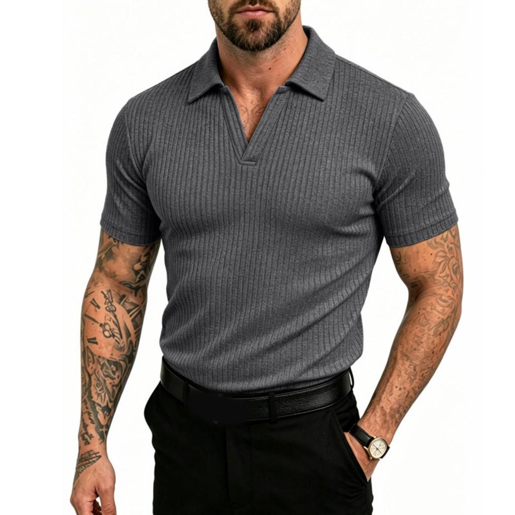 Men's Stretch Breathable Polo Shirt V Neck Ribbed Knit Short Sleeve T Shirt Casual Lightweight Summer Top