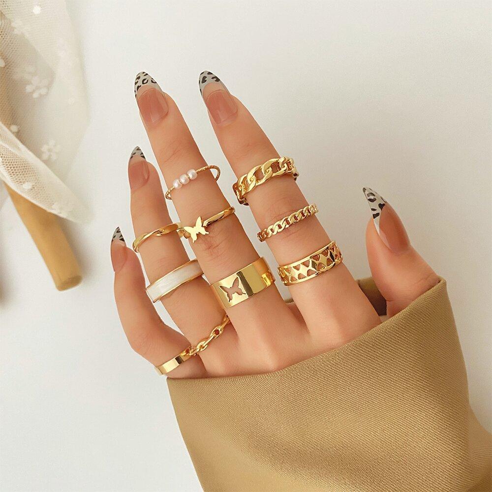 New retro inlaid pearl chain ring butterfly open ring ins wind ring set 10-piece set