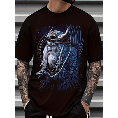 Europäische Größen Herren Übergröße Wikinger Odin Krieger 3D Gedrucktes T-Shirt - Lässiges Rundhals-Kurzarm-T-Shirt für Wikinger-Konventionen & Freizeitkleidung