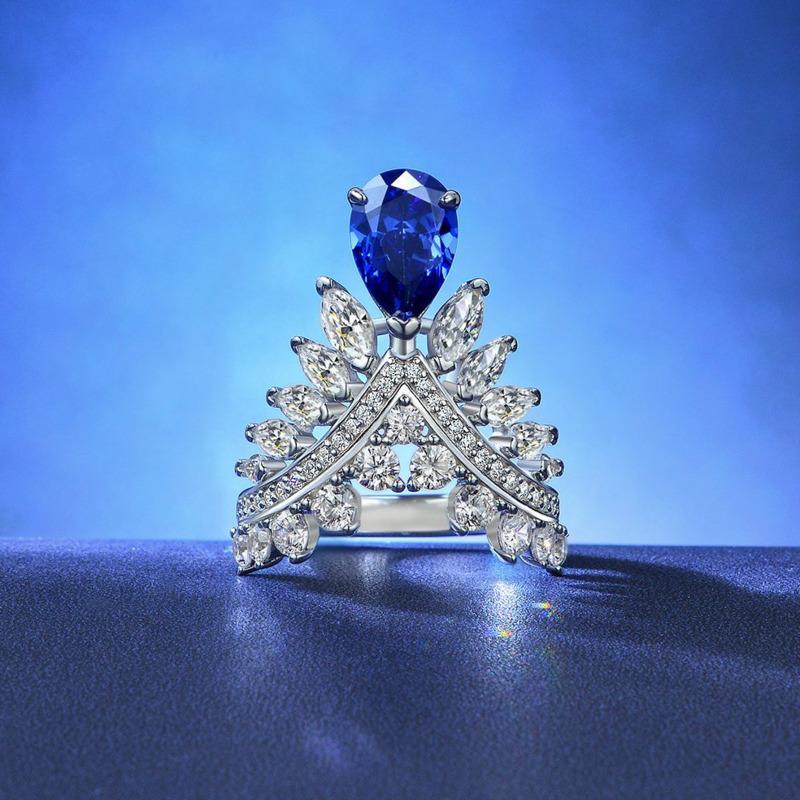 Gica Gema Luxury 925 Sterling Silver Pear Cut Sapphire Created Moissanite Gemstone Hyperbole Cocktail Ring Ladies Fine Jewelry