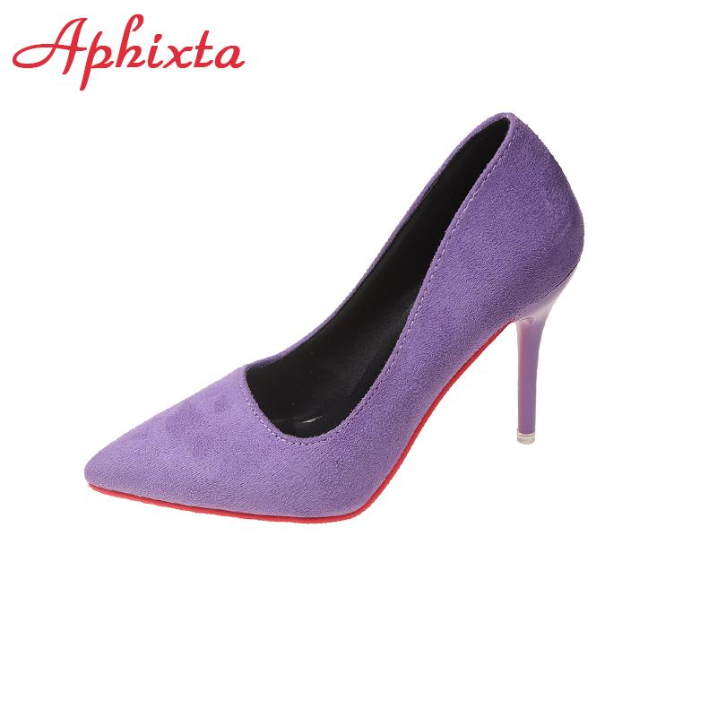 Móda Aphixta 3,54 palcové fialové vysoké stiletto podpatky lodičky dámské jednobarevné kancelářské semišové špičaté společenské boty červená podrážka velká velikost 49 50