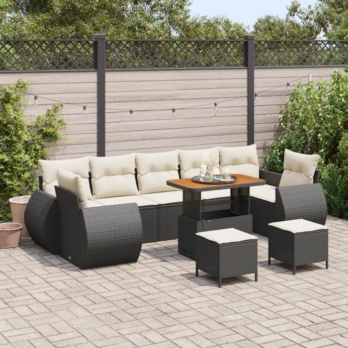 Ensemble de canapé jardin 10 pièces avec coussins en poly rotin noir acacia, Ensemble repas jardin 3 pièces avec coussins 3361860