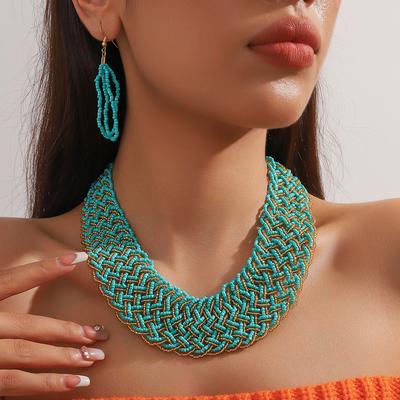 Two-color Cross Rice Beads Pendant Necklace Earrings Set