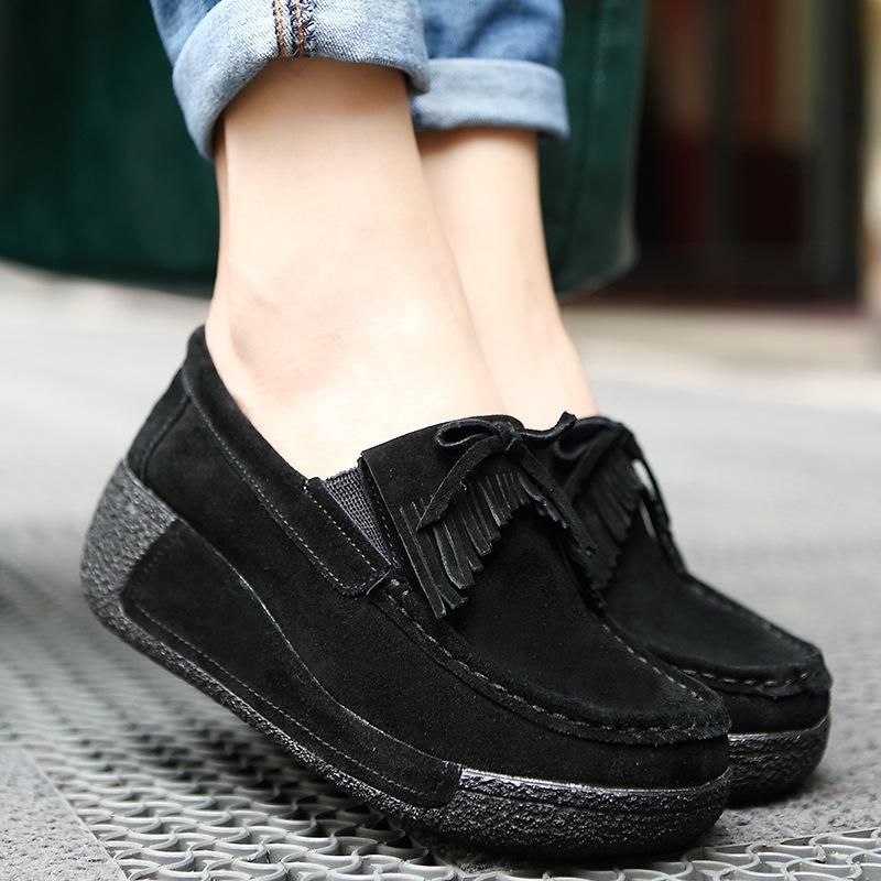 Cow Suede Women Wedge Heels Fashion Macrame Platform Shoes Elegant Middle-aged Mother Shoes Slip-on Loafers