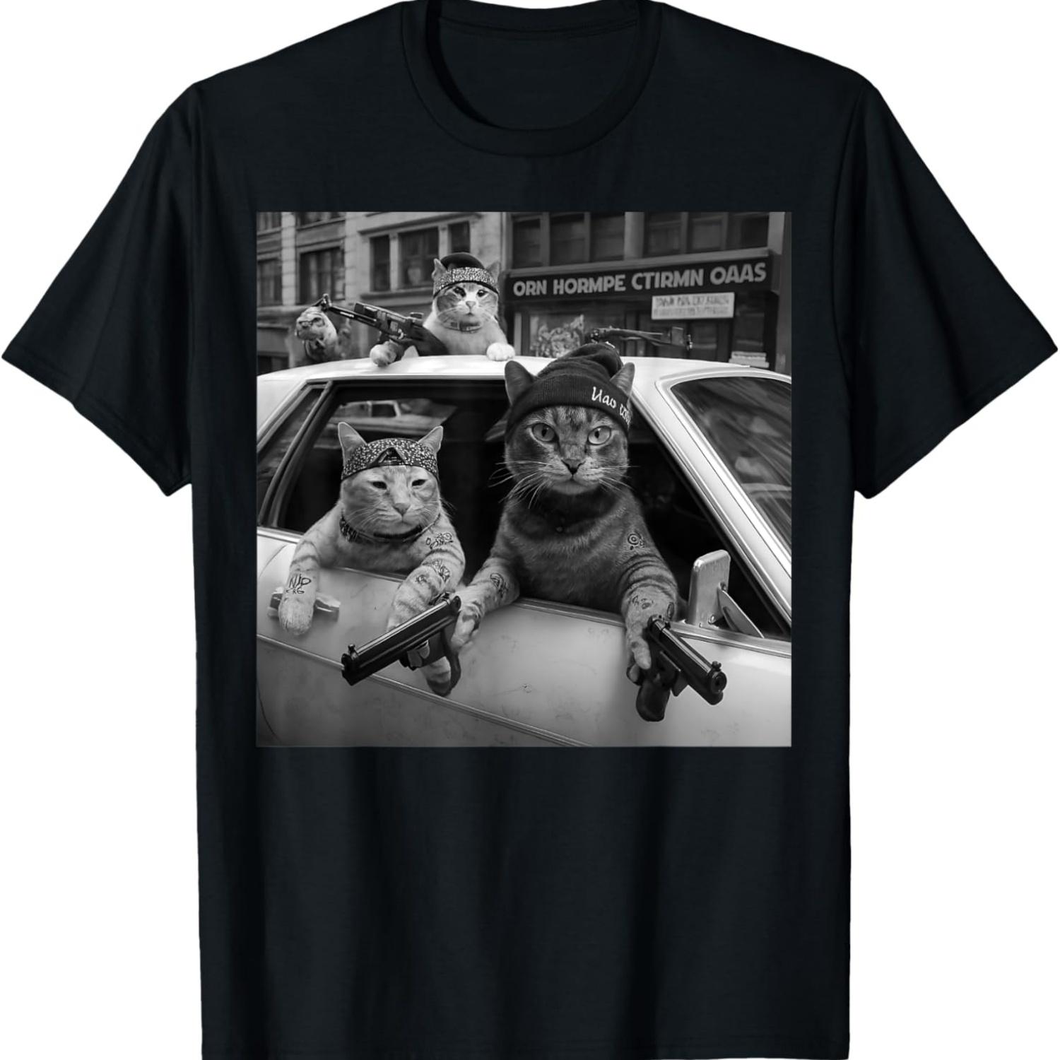 Cat Gang Meme Graphic Funny Gangster Cats Street Design T-Shirt S чёрный