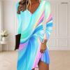 Women Plus Size V Neck Long Sleeve Colorful Swirl Printed Curved Hem Dress