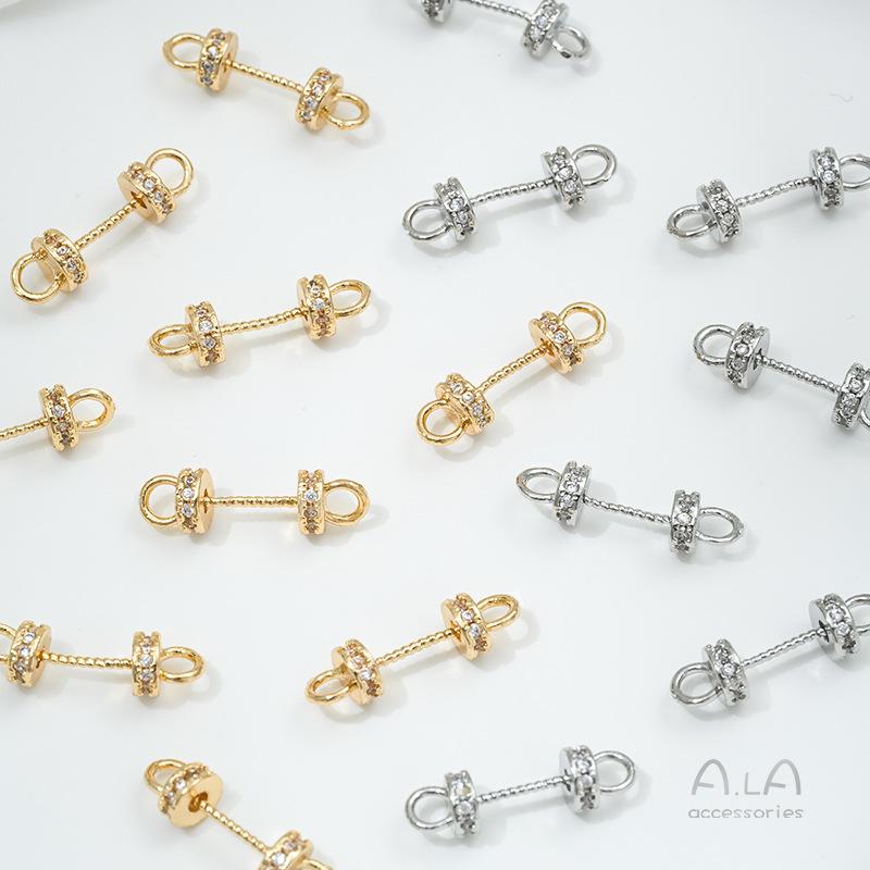 14K Gold-Inlaid Zircon Bracelet & Necklace Connector with Copper Plating and Half-Hole Eyepin for DIY Pearl Cap Accessories
