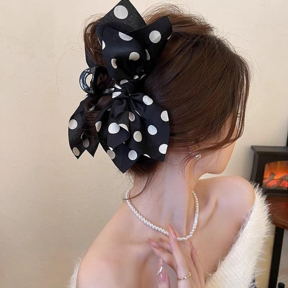 1pc French Black and White Polka Dot Bow Shark Sweet and Cute Clip Three-dimensional Fabric Grab Clip High-end Feel Head Clip