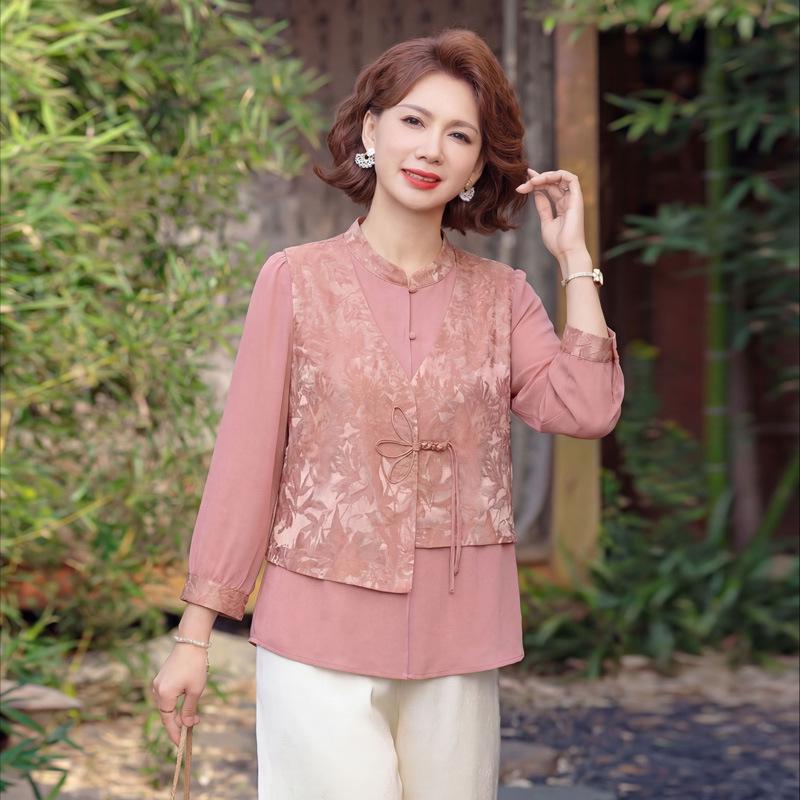 Elegant 2026 Summer Chiffon Blouse - National Style for Middle-Aged and Elderly Women XL (90-110 jin)