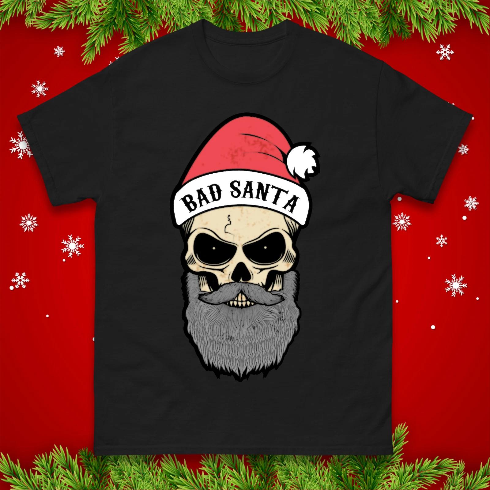 Bad Santa Skull Funny Christmas T-Shirt Dark Beard Santa Xmas Gift Tee Top XL