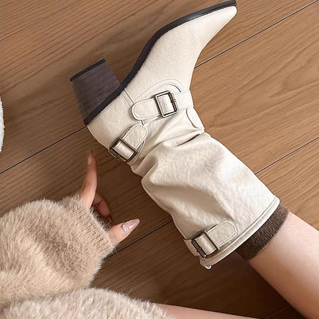 Damen Weiße Mid-Calf Chunky Heel Martin Boots - Weiches Leder, Spitze Zehenpartie, Europäischer & Amerikanischer Stil, Herbst/Winter 2025 Kollektion.