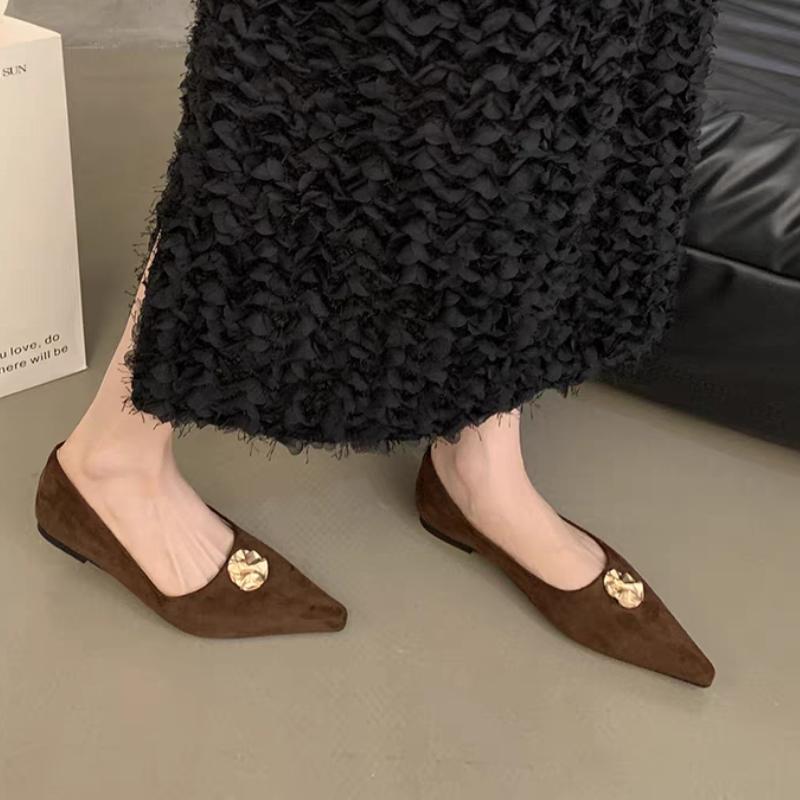 Frühling Neue Flache Schuhe Damen Spitzkopf Flacher Ausschnitt Wildleder Metallschnalle Weiche Sohle Rutschfest Verschleißfest Einzelne Schuhe