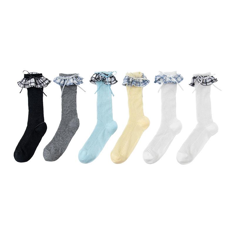 Female Spring Summer New Product Thin Model Check Bow Lace Boneless Cotton Socks