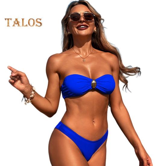 

2 шт./компл. женский купальник бандо с подкладкой без косточек бюстгальтер с высокой талией плавки комплект однотонный раздельный дизайн пляжная одежда S