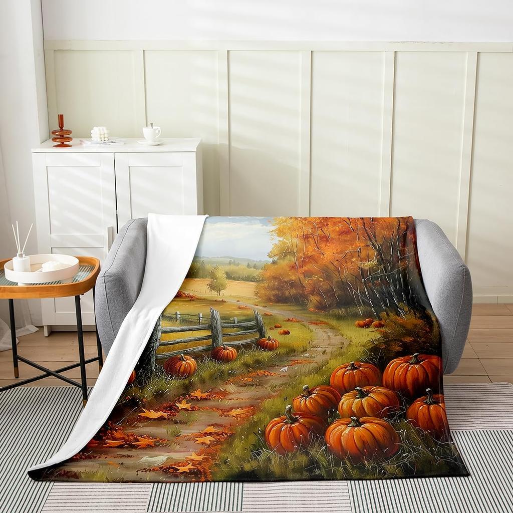 GUOYU Blanket Fall Pumpkin Harvest Fleece Flannel BlanketRustic Maple Autumn Leaves Bed Plush Blanket for Rustic Home DecorHarvest Patchwork