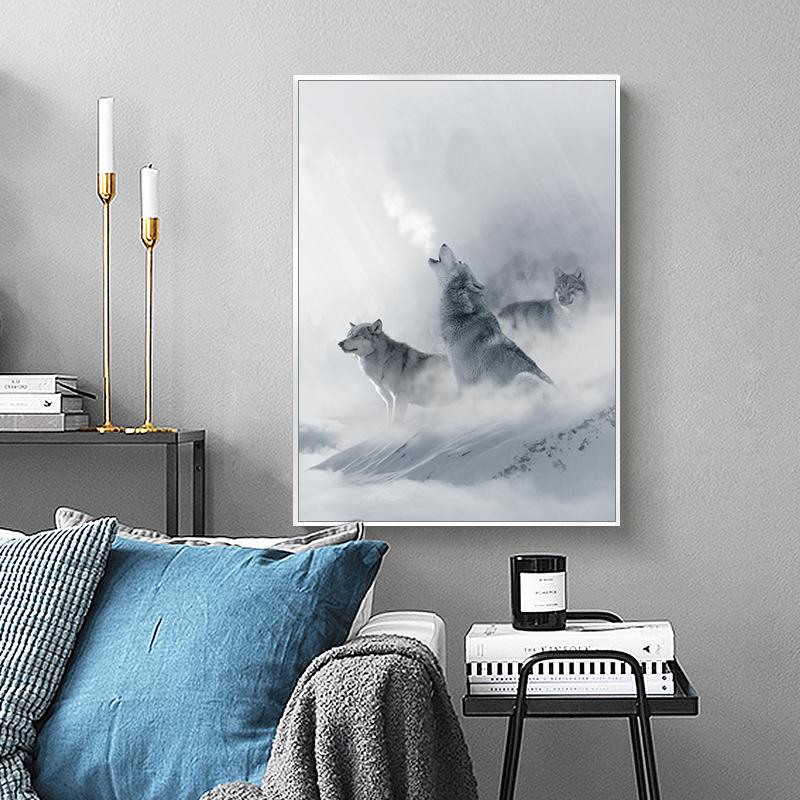 Nordic Black White Animal Poster Wolf Elk Wall Art Canvas Painting Forest Snow Mountain Print Picture for Living Room Home Decor