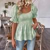 Womens Short Puff Sleeve Square Neck Smocked Peplum Blouse Casual Loose Fit Tiered Ruffle Hem Top for Daily Wear
