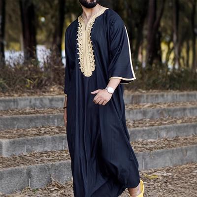 Men's Short-sleeved V-neck Short-sleeved Loose Embroidered Muslim Robe