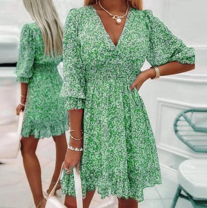 Mid length Dress Waist Pullover Bohemian Printed Short Sleeve Fragmented Flower Dress Plus Size
