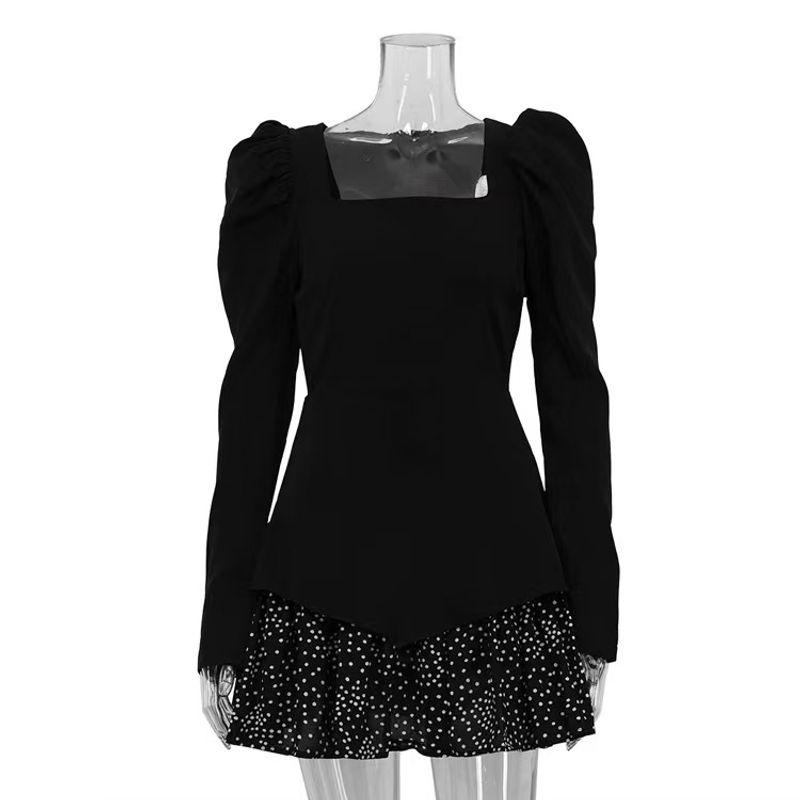 

Fashion Style New Arrival Square Collar Patchwork Fake Two-Piece Dress Square Collar Patchwork Dress Black M