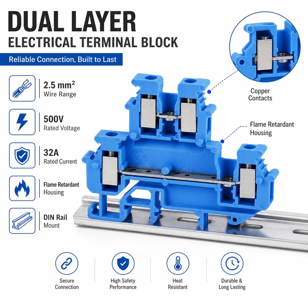 Double Level Electrical Terminal Block 4-Conductor DIN Rail Terminal Industrial Control