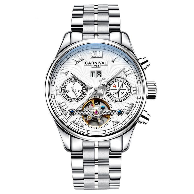 CARNIVAL Stainless Steel Automatic Mechanical Watch Mens Top Luxury Brand Tourbillon Sports Luminous Date Men Watches