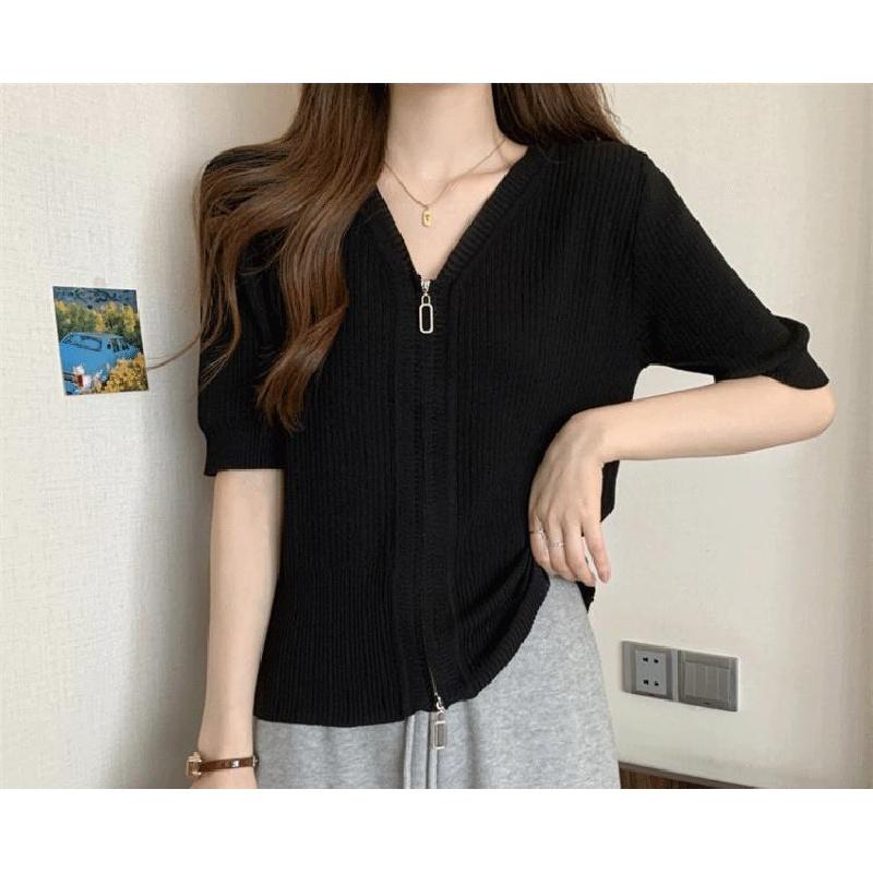 2026 New V-neck Casual Long-sleeve Loose Slimming Flattering Versatile Solid Color Zipper Women's Top