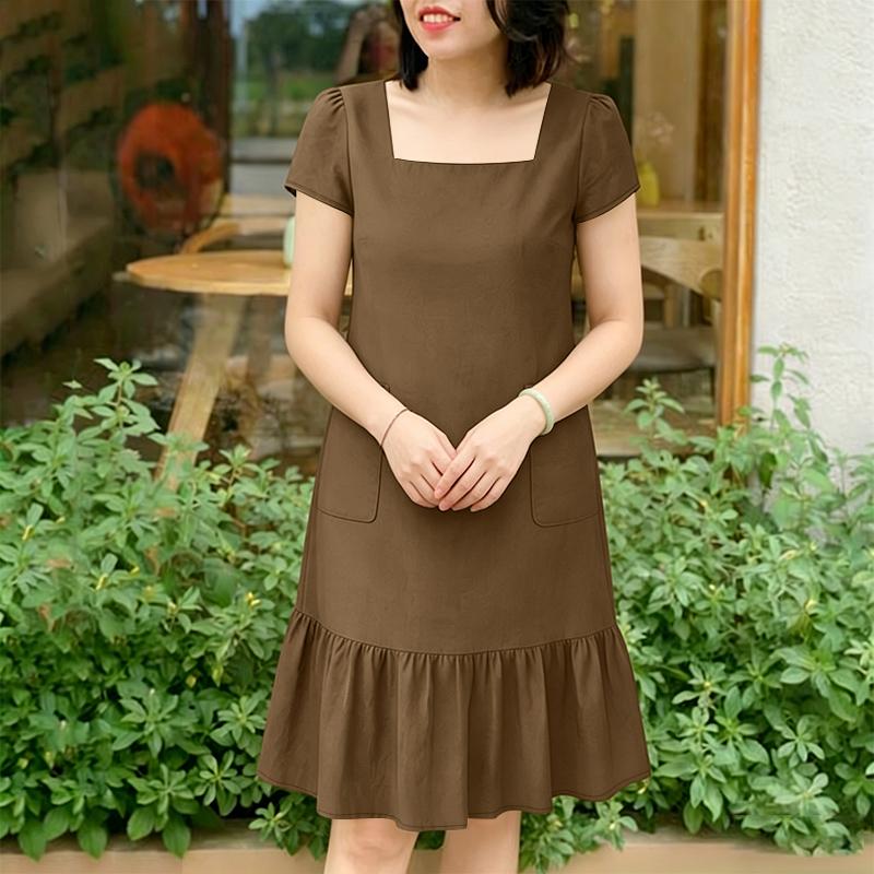 ZANZEA Women Casual Square Collar Short Sleeve Loose Ruffles Hem Summer Dress S хаки