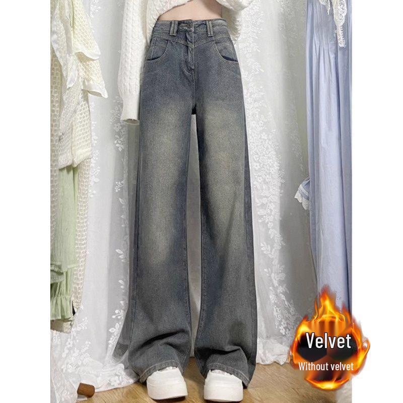Women's Retro Wide-Leg Velvet High-Waisted Jeans - Plus Size, Autumn/Winter, Slimming Wheat Ear Straight-Leg, Floor-Length Pants.
