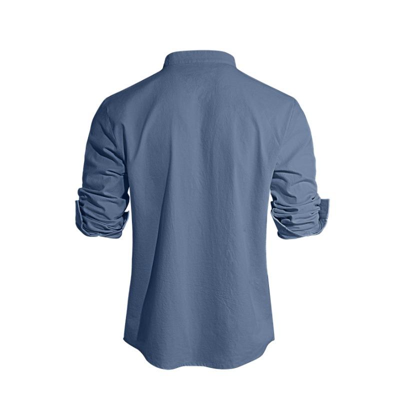 Spring New Men's Solid Color Stand Up Collar Long Sleeved Cotton and Linen Fashionable Casual Top