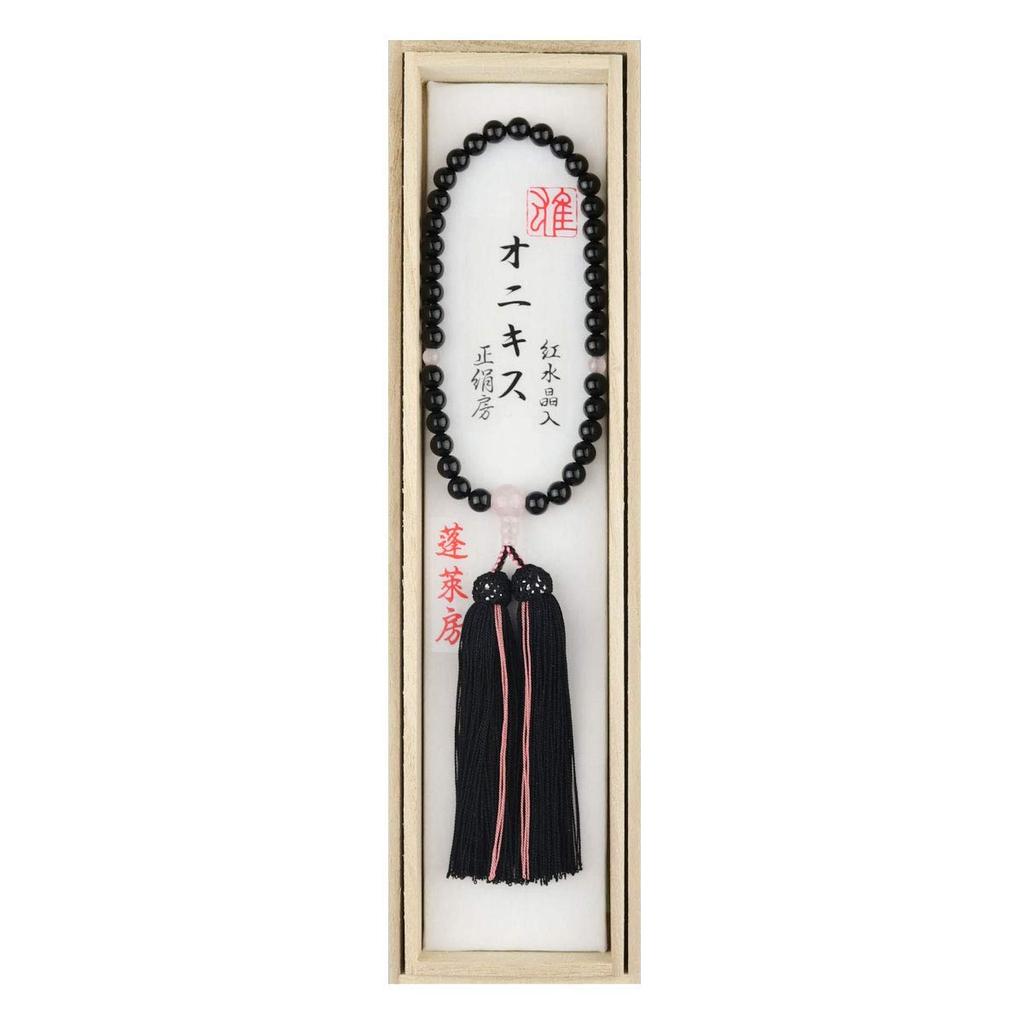Women's Buddhist Prayer Beads, Informal, Kyoto Style, Suitable for All Sects, 7mm Onyx with Red Quartz and Black and Pink Lines