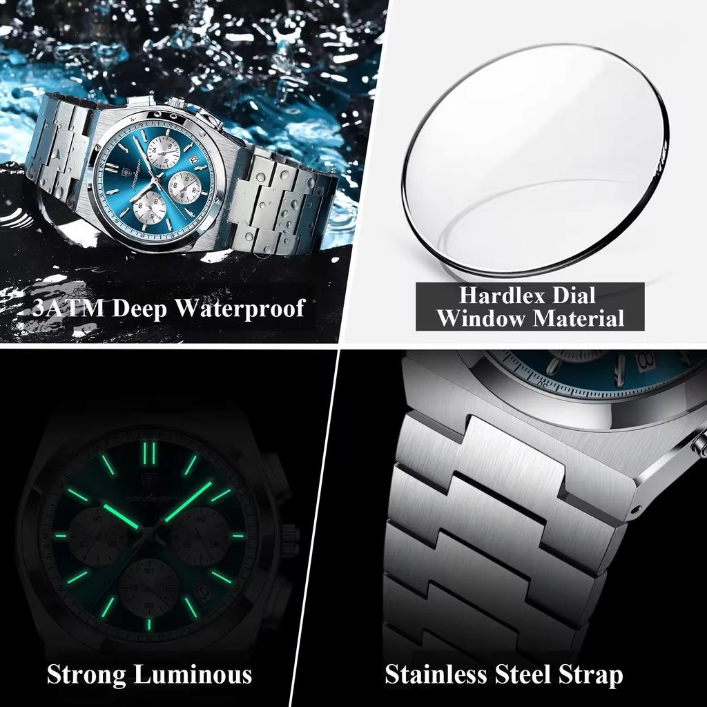 POEDAGAR 970 Fashion Date Quartz Watch Waterproof Luminous Hands Chronograph Reloj Stainless Steel Leather Business Wristwatch