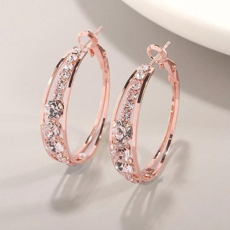 Hot Sale Round Crystal Pendant Ring Eardrop Geometric Rhinestone Inlaid Earrings Fashionable Jewelry Accessories for Women