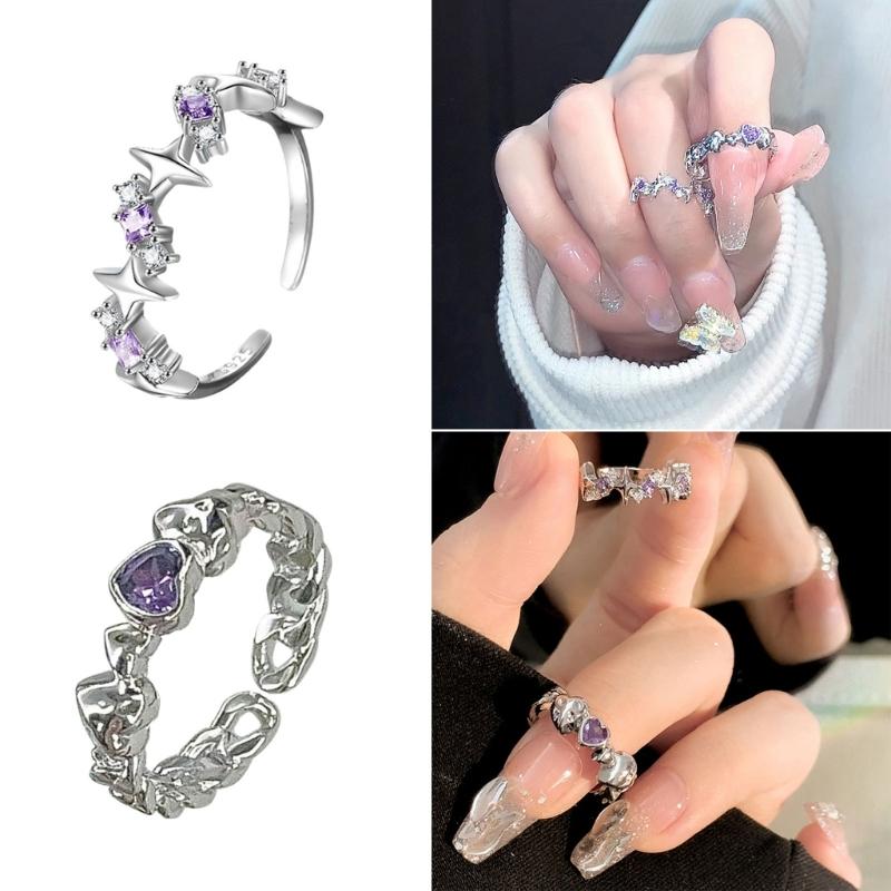 2 Pieces Adjustable Rings Purple Rhinestone Engagement Rings Y2K Rings Aesthetic Jewelry Alloy Material Gift for Women