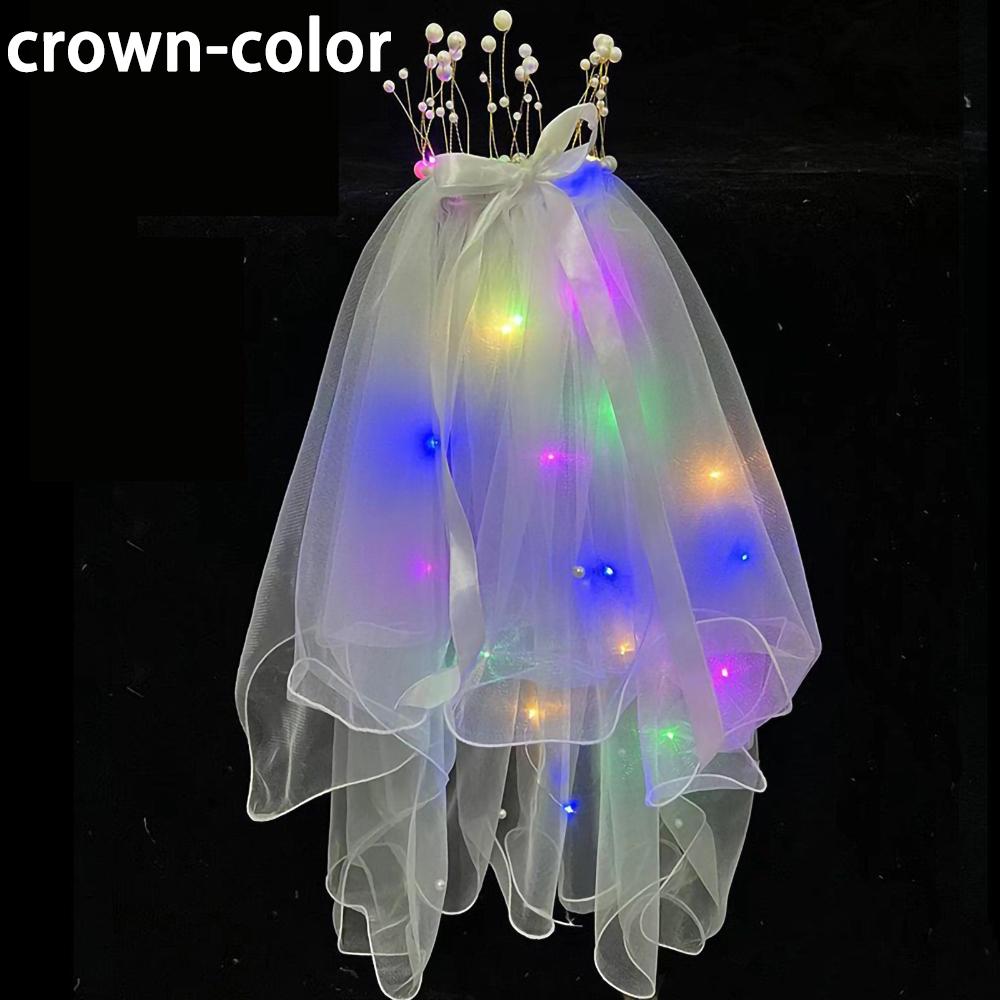 LED Light Bridal Wedding Veil with Pearls/Crowns Wedding Tiara Veil for Props Party Headpieces Decor Glowing flash veil